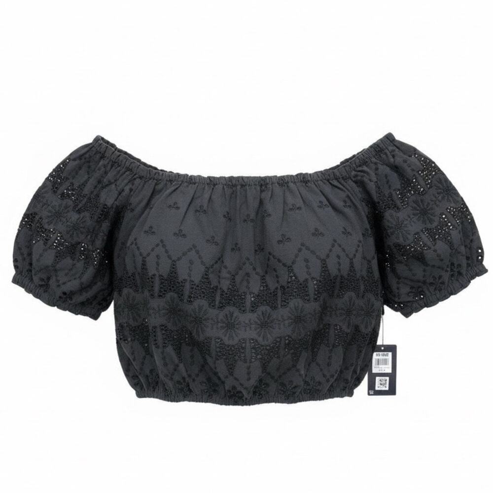 Lucky Brand Washed Black Off Shoulder Embroidered Crop Top Boho Cottage XL NEW